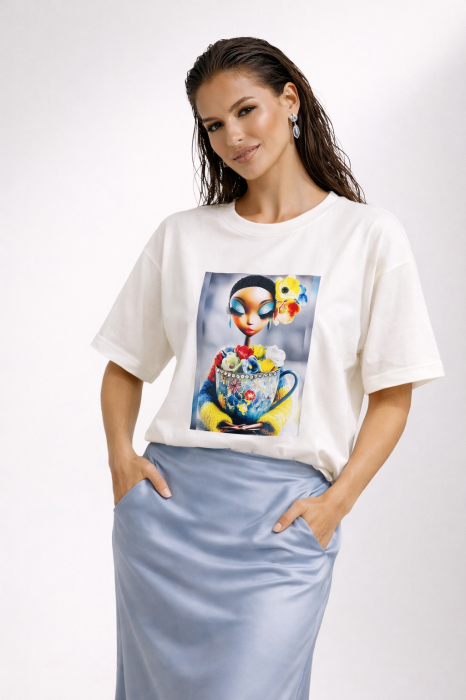 Tricou dama alb cu imprimeu fata ceasca cu flori [2]