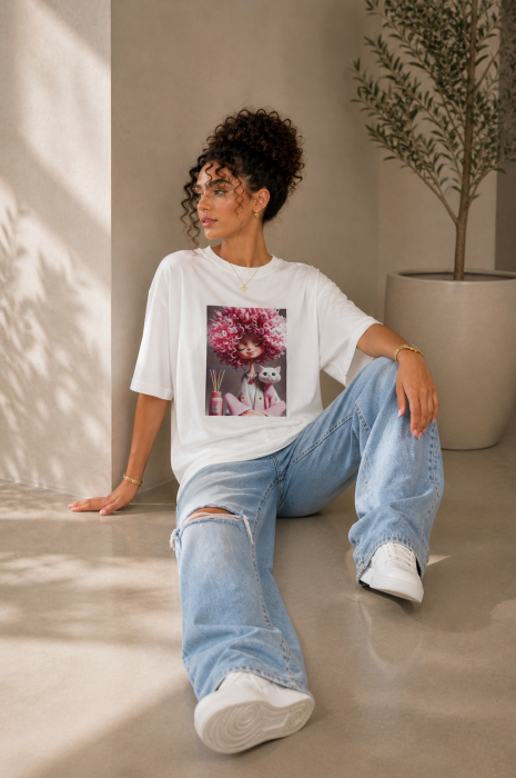 Tricou dama alb cu imprimeu fată creața roz [4]