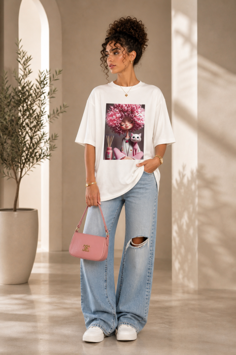 Tricou dama alb cu imprimeu fată creața roz [2]