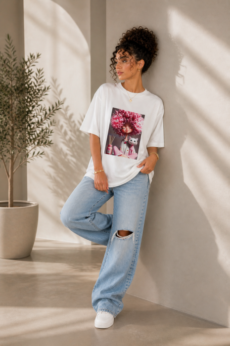 Tricou dama alb cu imprimeu fată creața roz [3]