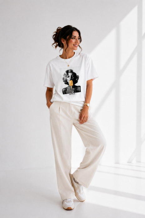 Tricou dama alb cu imprimeu fata cu inghetata crem [2]