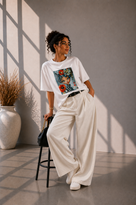 Tricou dama alb cu imprimeu fata intre maci [2]