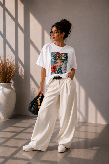 Tricou dama alb cu imprimeu fata intre maci [4]