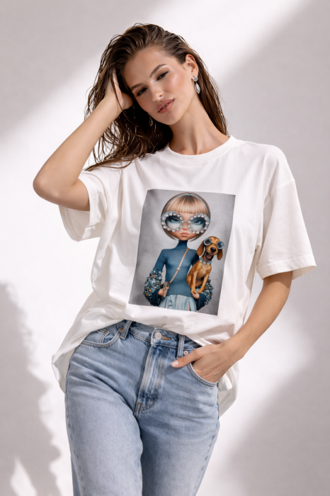 Tricou dama alb cu imprimeu fata si catel cu ochelari [4]