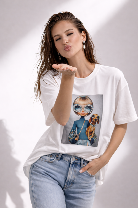 Tricou dama alb cu imprimeu fata si catel cu ochelari [2]