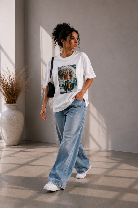 Tricou dama alb cu imprimeu fetita afro cu tinuta bleo [3]