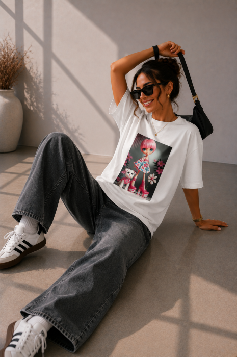 Tricou dama alb cu imprimeu fetita cu rochita roz stil kimono [3]