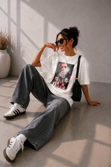 Tricou dama alb cu imprimeu fetita cu rochita roz stil kimono [2]