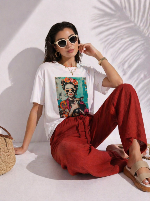 Tricou dama alb cu imprimeu Frida cu catel [2]