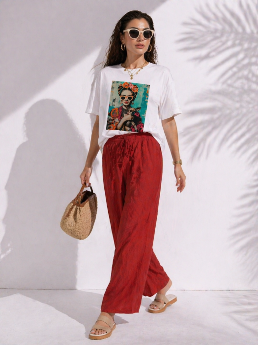 Tricou dama alb cu imprimeu Frida cu catel [4]