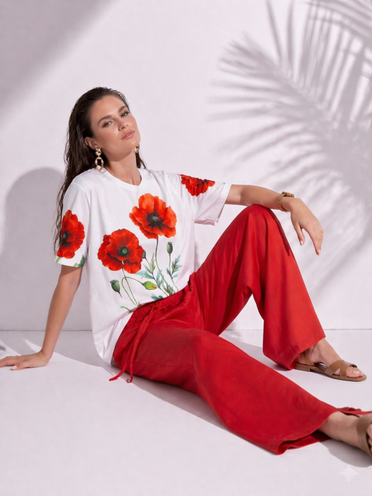 Tricou dama alb cu imprimeu maci [3]