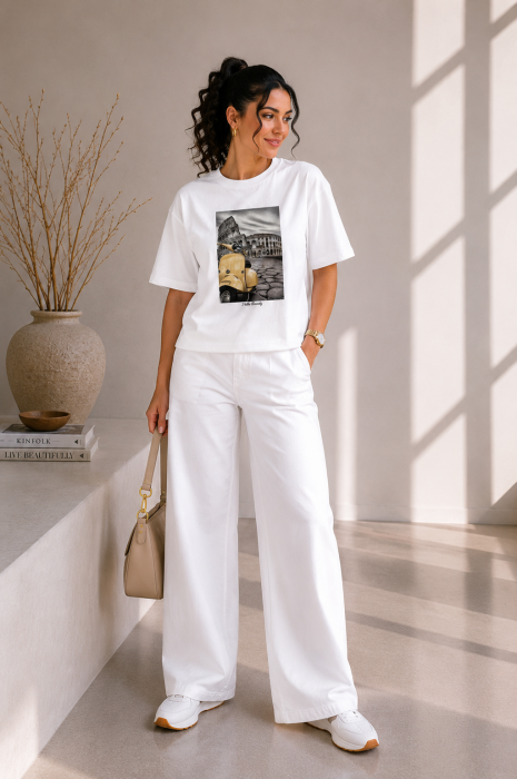 Tricou dama alb cu imprimeu motocicleta crem [2]