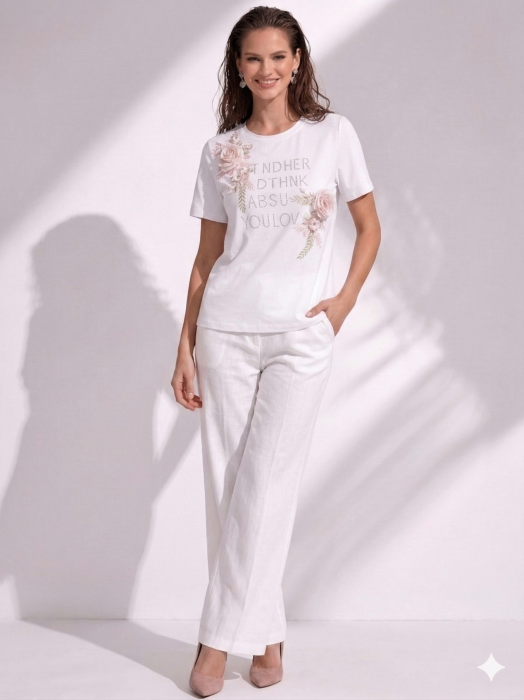 Tricou dama alb cu trandafiri roz 3D [2]