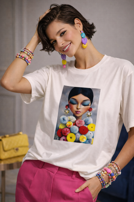 Tricou dama alb din bumbac cu imprimeu fata cu buchet multicolor [2]