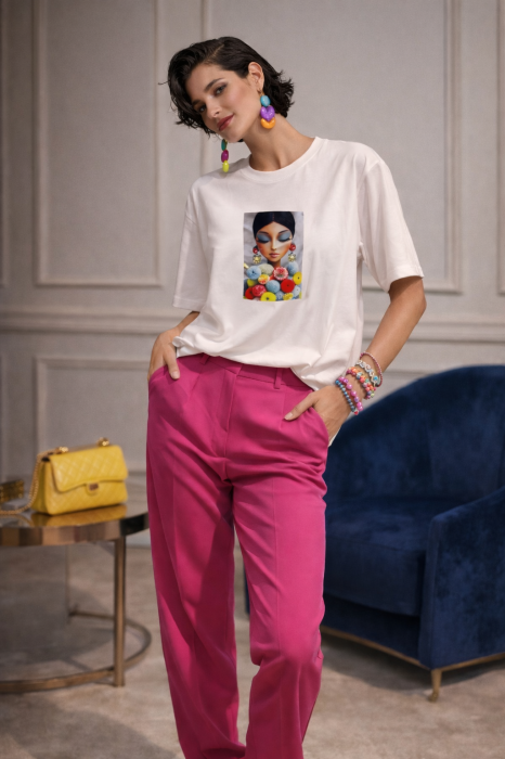 Tricou dama alb din bumbac cu imprimeu fata cu buchet multicolor [4]