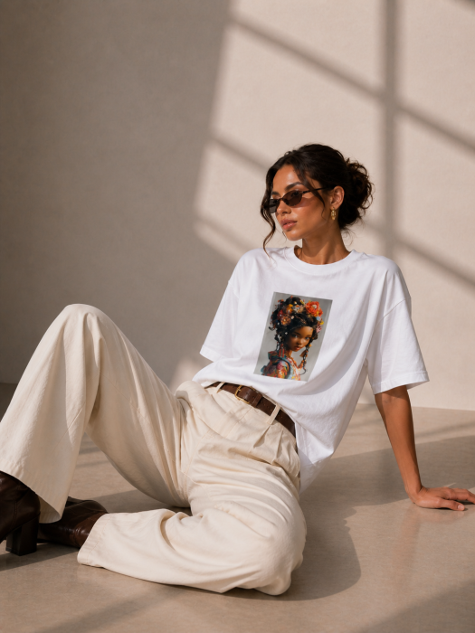 Tricou dama alb din bumbac cu imprimeu fata cu coronita din flori [4]