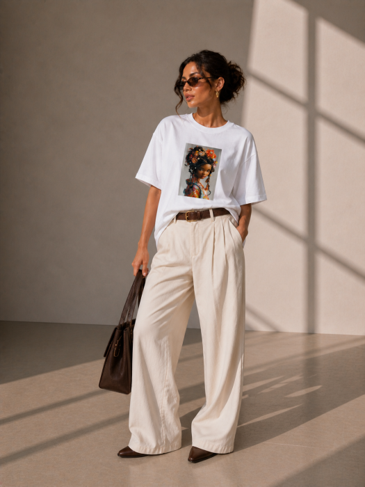 Tricou dama alb din bumbac cu imprimeu fata cu coronita din flori [3]