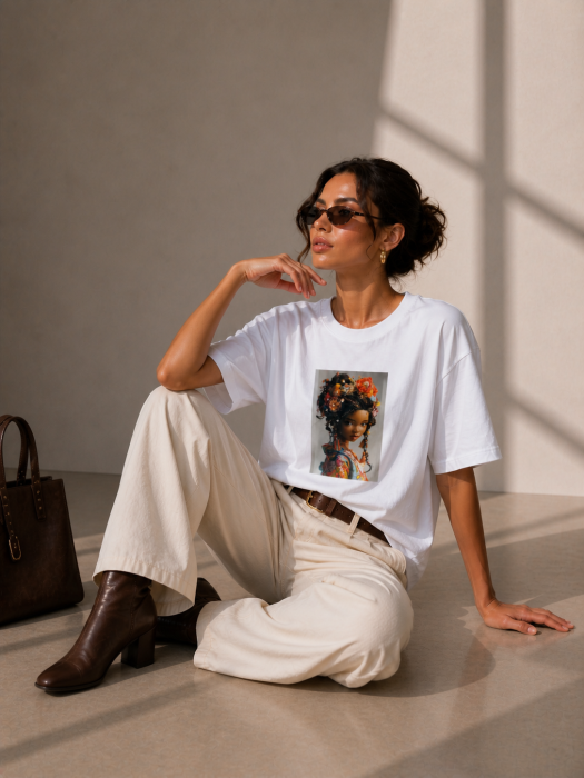 Tricou dama alb din bumbac cu imprimeu fata cu coronita din flori [2]