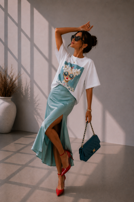 Tricou dama alb din bumbac cu imprimeu fetita cu flori de mar in par [4]