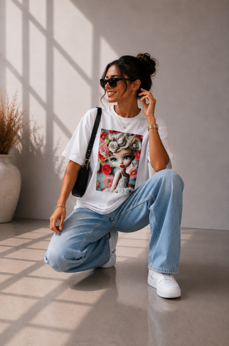 Tricou dama alb din bumbac cu imprimeu fetita cu ochi verzi si rochita din dantela [3]