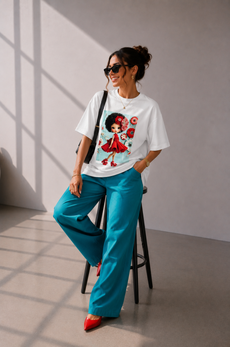 Tricou dama alb din bumbac cu imprimeu fetita cu pantofi rosii [2]