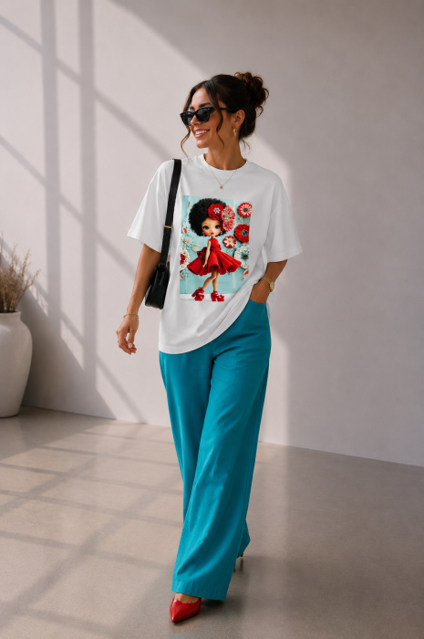 Tricou dama alb din bumbac cu imprimeu fetita cu pantofi rosii [3]