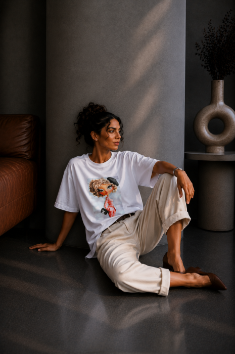Tricou dama alb din bumbac cu imprimeu fetita cu pietricele pe gene [4]