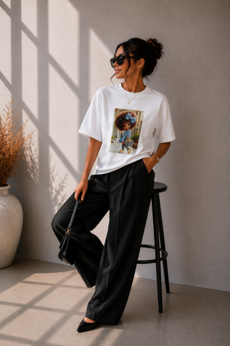 Tricou dama alb din bumbac cu imprimeu fetita cu poseta cu aplicatii perlute [2]