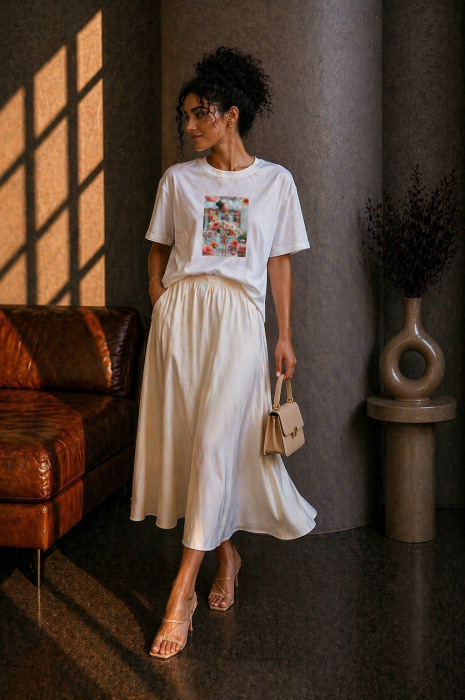 Tricou dama alb din bumbac cu imprimeu fetita cu rochie din flori [2]