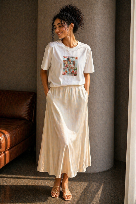 Tricou dama alb din bumbac cu imprimeu fetita cu rochie din flori [4]