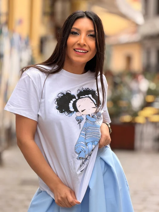 Tricou dama alb din bumbac cu imprimeu fetita cu strasuri si hanorac [6]