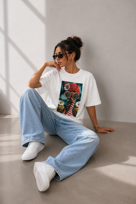 Tricou dama alb din bumbac cu imprimeu fetita cu turban rosu [4]