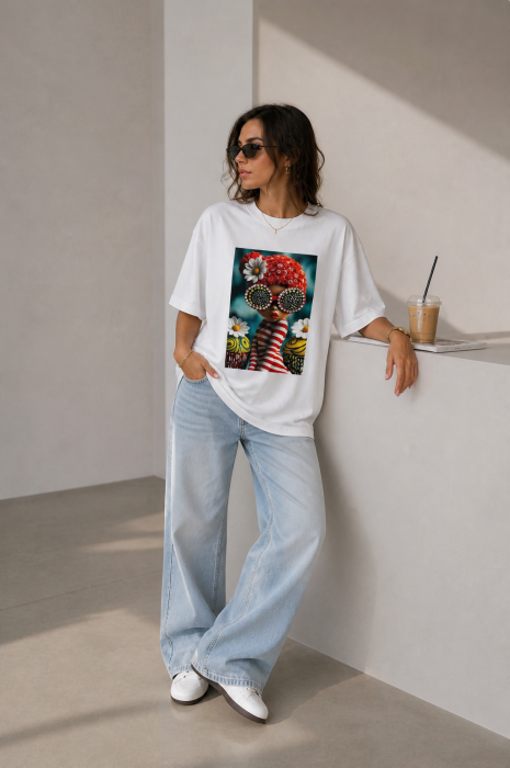Tricou dama alb din bumbac cu imprimeu fetita cu turban rosu [3]