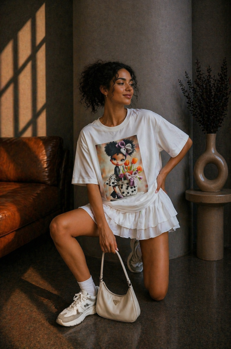 Tricou dama alb din bumbac cu imprimeu fetita langa cos de lalele [3]