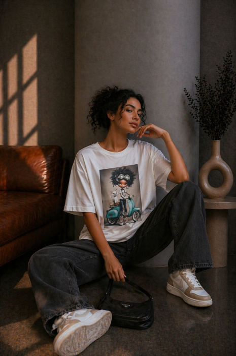 Tricou dama alb din bumbac cu imprimeu fetita pe moped [2]