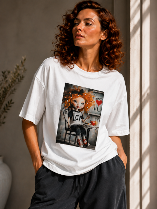 Tricou dama alb din bumbac cu imprimeu fetita roscata [2]