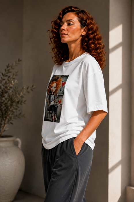 Tricou dama alb din bumbac cu imprimeu fetita roscata [3]
