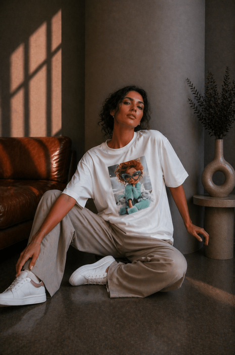 Tricou dama alb din bumbac cu imprimeu pisicute bleu [4]