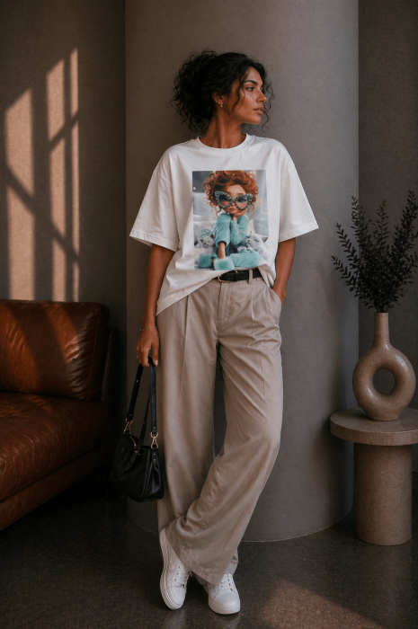 Tricou dama alb din bumbac cu imprimeu pisicute bleu [2]