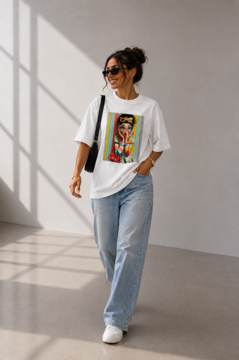 Tricou dama alb din bumbac cu imprimeu rustic galben [4]