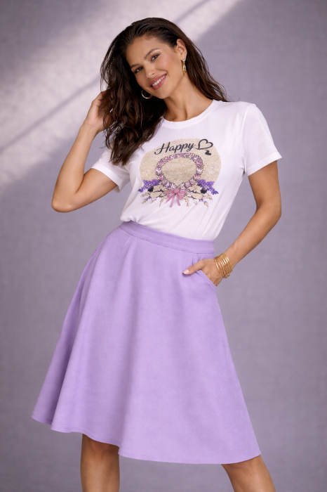 Tricou dama alb din bumbac cu lavanda si pietricele aplicate - [2]