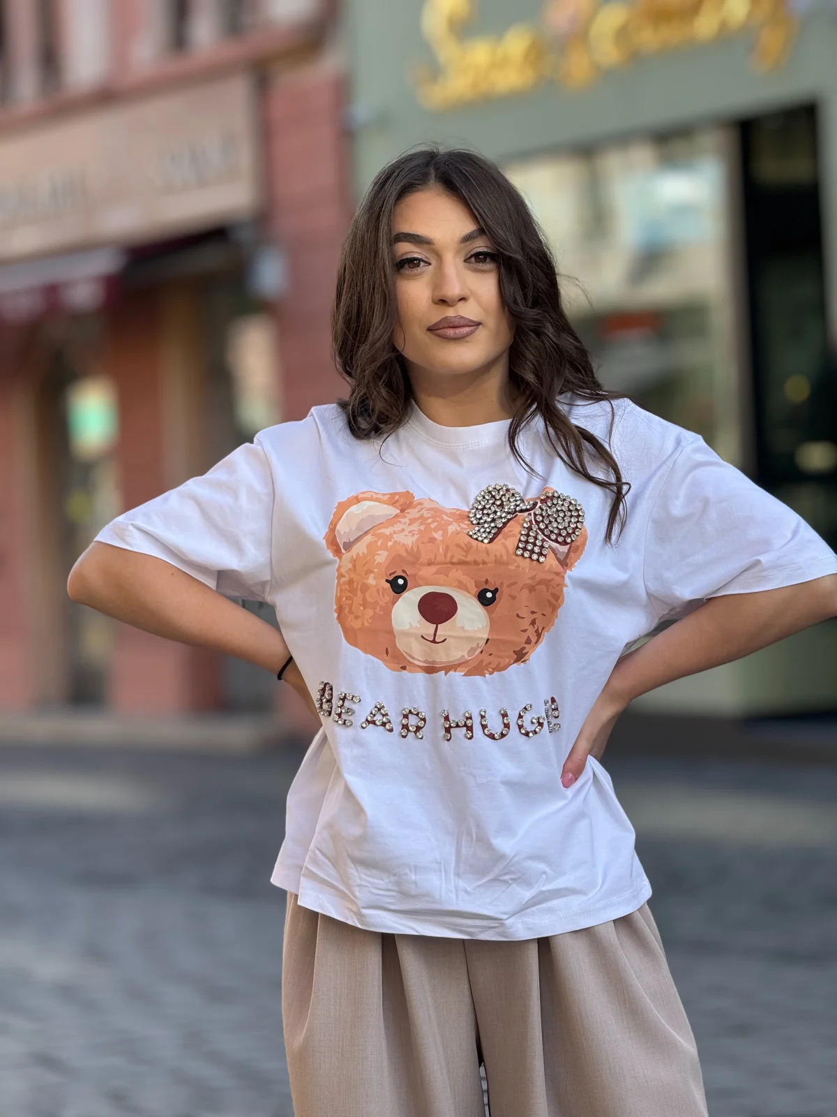 Tricou dama alb din bumbac cu ursulet cu fundita [3]