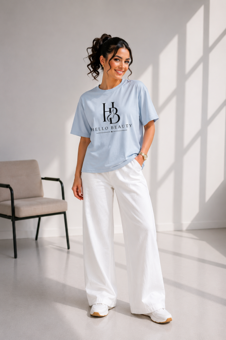 Tricou dama albastru deschis cu imprimeu HELLO BEAUTY [2]