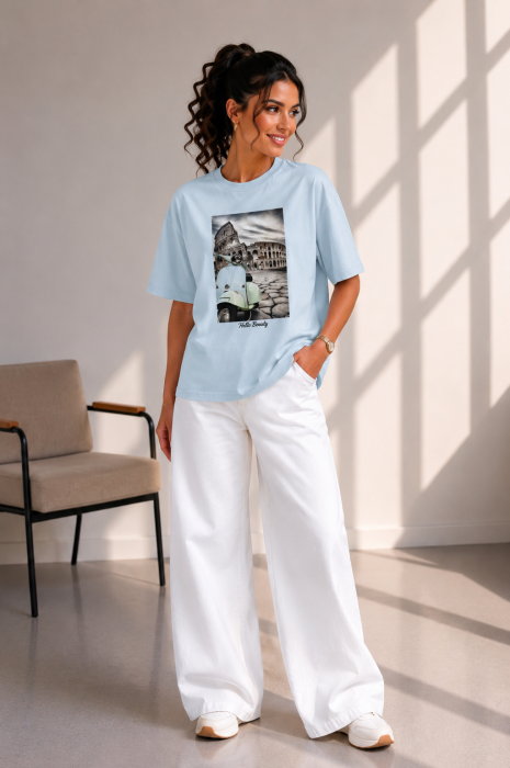 Tricou dama albastru deschis cu imprimeu motocicleta albastra [2]
