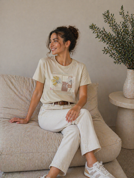 Tricou dama bej cu imprimeu floral galben [4]