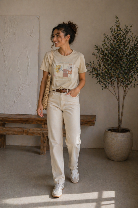 Tricou dama bej cu imprimeu floral galben [3]