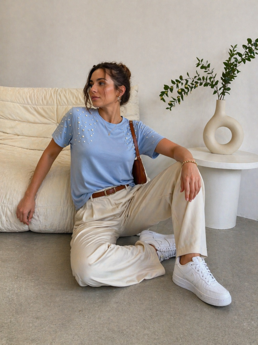 Tricou dama bleu cu aplicatii perlute [4]