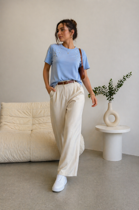 Tricou dama bleu cu aplicatii perlute [2]
