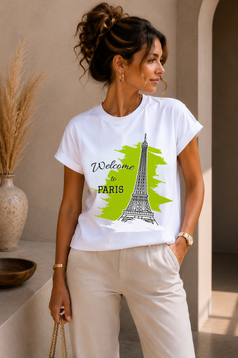 Tricou dama casual alb - Welcome To Paris - Bumbac Organic [2]