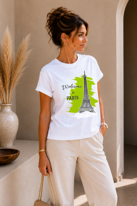 Tricou dama casual alb - Welcome To Paris - Bumbac Organic [3]